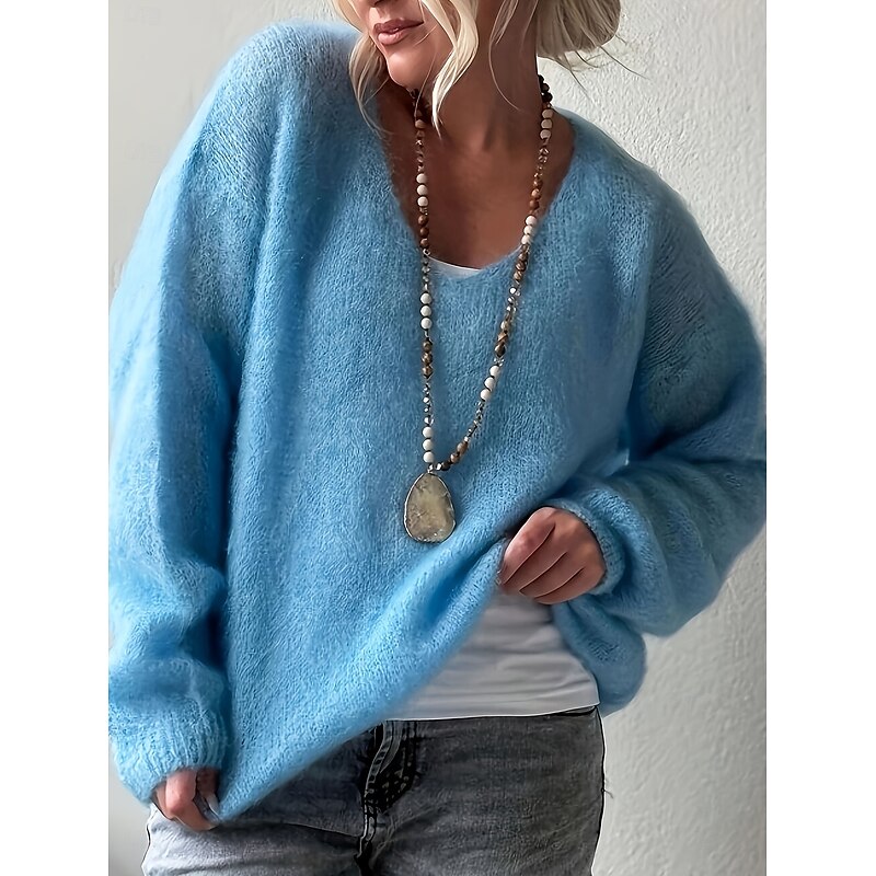 Women's Sweater Elegant Fashion Streetwear Pure Color V Neck Knitted Long Sleeve Regular Tops Knit Outdoor Daily Weekend Pink Blue Spring Fall2