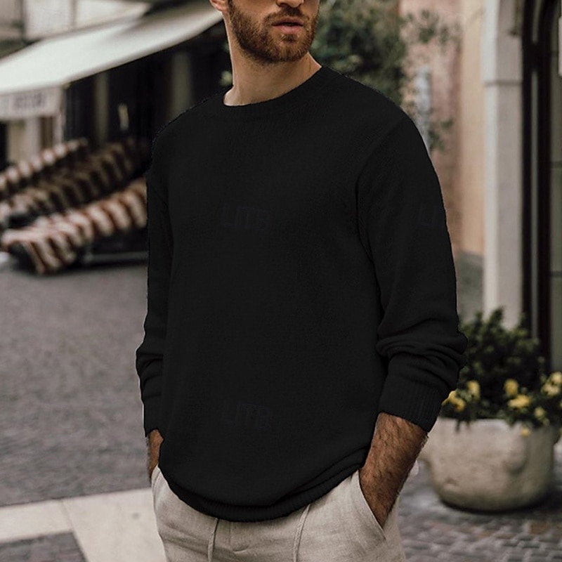 Men's Sweater Pullover Sweater Jumper Ribbed Knit Regular Tops Knitted Slim Fit Plain Crew Neck Knitwear Contemporary Casual Daily Wear Clothing Apparel Fall Black Yellow S M L4