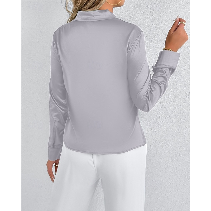 Women's Shirt Elegant Dressy Satin Solid Color Stylish Casual Long Sleeve V Neck Regular Tops Daily Going out Tie Front Green Light Grey Spring Fall2