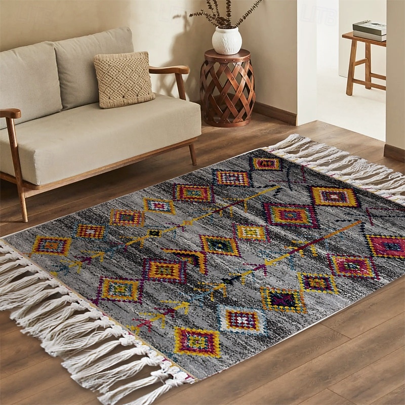 Geometric Woven Rug For Home Minimalist Pattern Dust Resistant Stain Resistant Easy Care Ethnic Style Floor Mat Decorative Area Carpet Living Room Bedroom Guesthouse Mat4