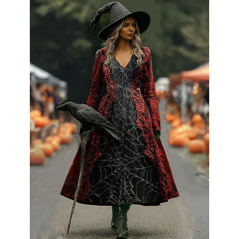 Halloween Women's Maxi Dress A Line Dress Vacation Casual Boho Beach Regular Fit Floral Graphic Long Sleeve V Neck Black Dark Red Wine Red Spring Fall