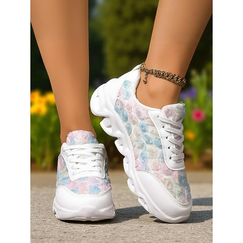 Women's White Sneakers with Colorful Floral Pattern – Lightweight Casual Fashion Shoes for Walking, Travel and Streetwear4