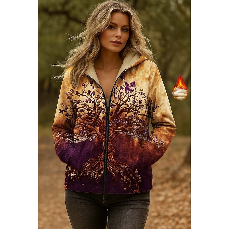 Women's Zip Up Hoodies Graphic Geometric Paisley Elegant Warm Vintage Long Sleeve Hooded Regular Tops Home Work Party Evening Wear Zip Up Zipper Print Yellow Spring Fall Winter