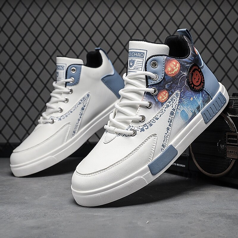 Men's Halloween High Top Sneakers – White Streetwear Shoes with Colorful Skull and Galaxy Print, Casual Lace-Up Style for Party, Cosplay and Festival Wear2
