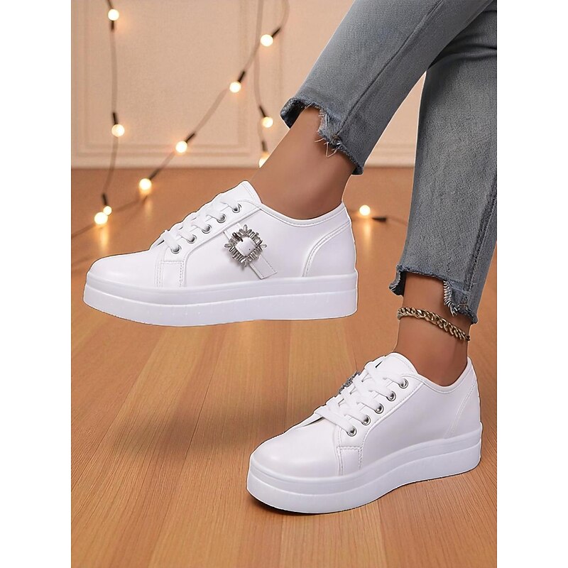 Women's Silver Metallic Lace-Up Sneakers with Rhinestone Buckle - Fashion Casual Shoes for Nightlife Parties and Club Outfits4