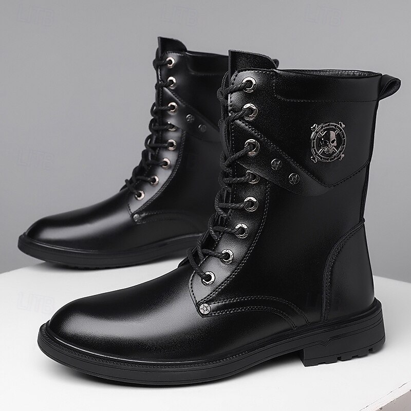 Black Faux Leather Lace-Up Men's Combat Boots with Round Metal Logo, Chunky Sole, and Military Style – Perfect for Harley Riders, Punk Rock Fashion, Casual Outdoor Wear and Everyday Use2
