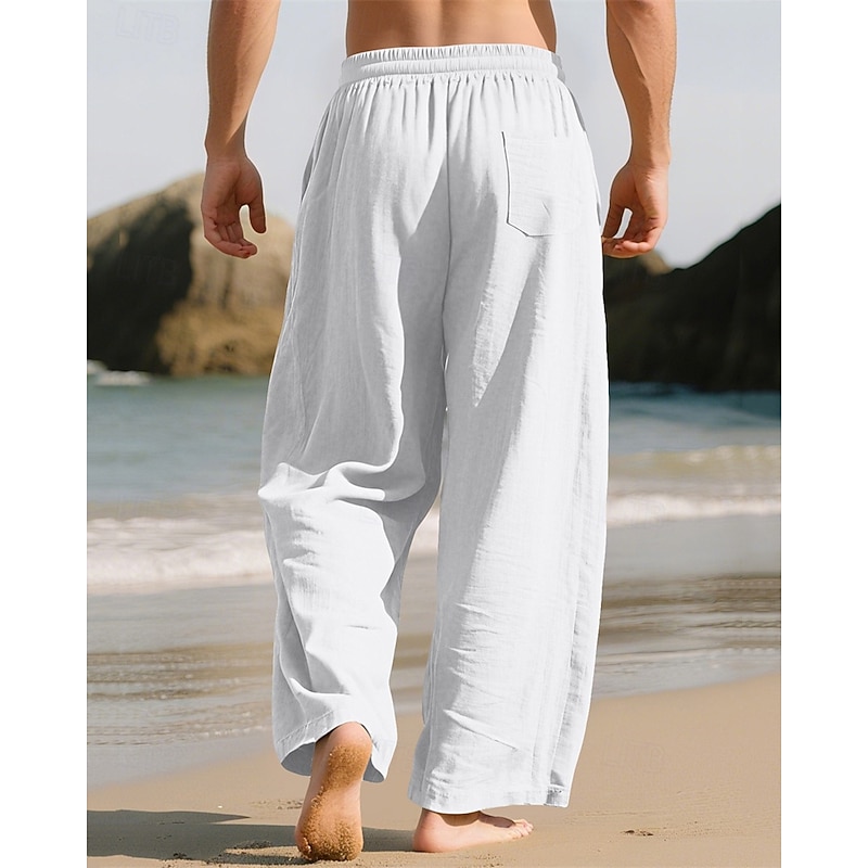Men's Linen Pants Trousers Summer Pants Beach Pants Drawstring Pocket Elastic Waist Plain Comfort Breathable Vacation Daily Holiday Hawaiian Boho ArmyGreen Black2