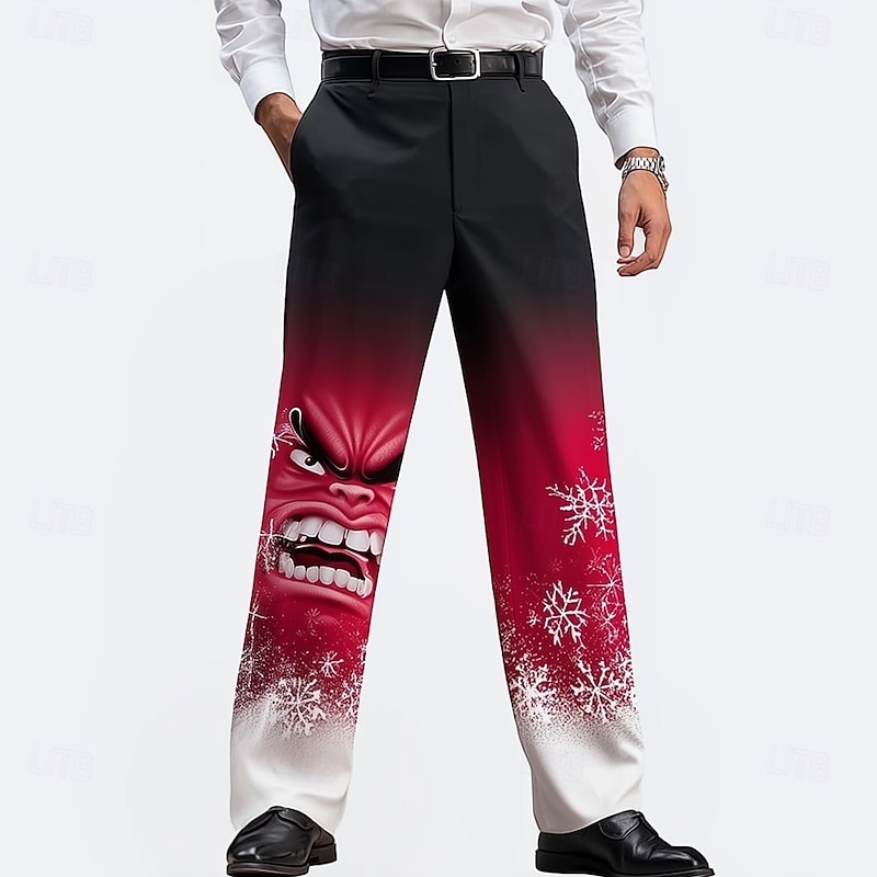 Men's 3D Cartoon Funny Face Printed Trousers Dress Pants Suit Pants Mid Waist Funny Outdoor Holiday Straight Leg Pants with Pockets Spring Fall Winter 3D Print Black