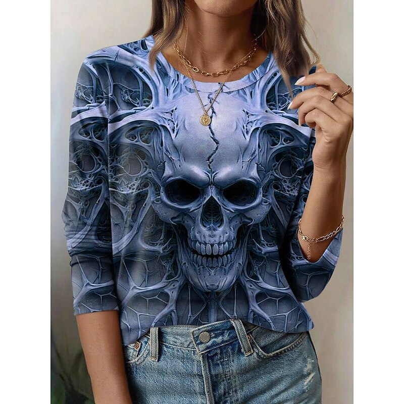 Halloween Women's T Shirt Skulls Graphic Vintage Fashion Stylish Long Sleeve Crew Neck Round Neck Regular Tops Daily Weekend Print Yellow Blue Purple Green Gray Summer Spring Fall3