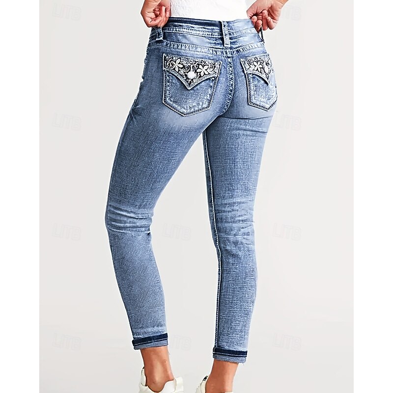 Women's Jeans Chinos Vacation Vintage Streetwear Full Length Medium Waist Plain Embroidered Pocket Elastic Waist Comfortable Micro-elastic Vacation Street Daily Dark Blue Light Blue Fall Winter Slim2