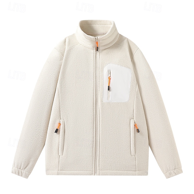 Men's Winter Jacket Fleece Jacket Casual Jacket Vacation Daily Thermal Warm Pocket Fleece Fall Winter Plain Fashion Streetwear Stand Collar Regular Black Pink Red Purple Green Jacket