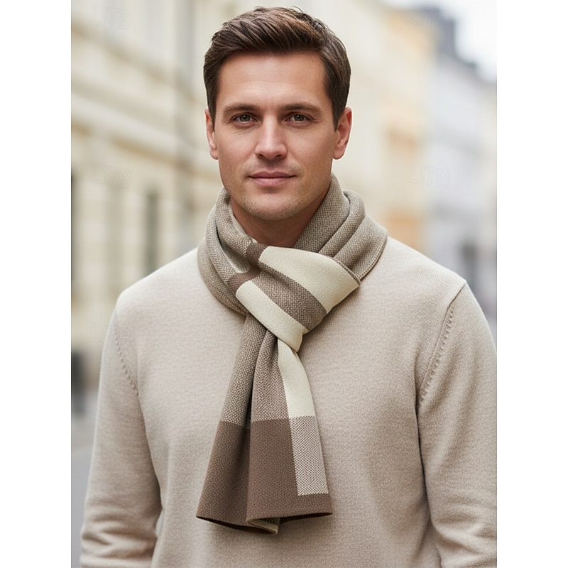 Men's Faux Wool Plaid Winter Scarf – Soft Warm Stripe Knit Shawl for Business, Casual Wear and Holiday Gift2