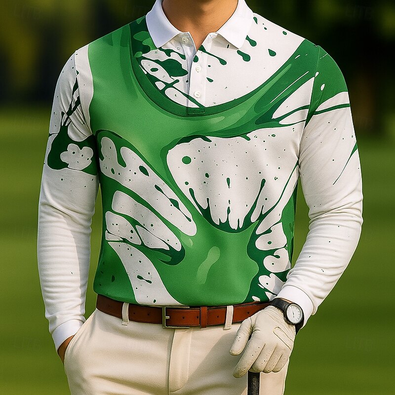 Men's Golf Splash Ink Polo Long Sleeve Polo Shirts Lapel Casual Outdoor Athleisure Daily Wear 3D Print Buttons Spring Fall Winter Blue Green2