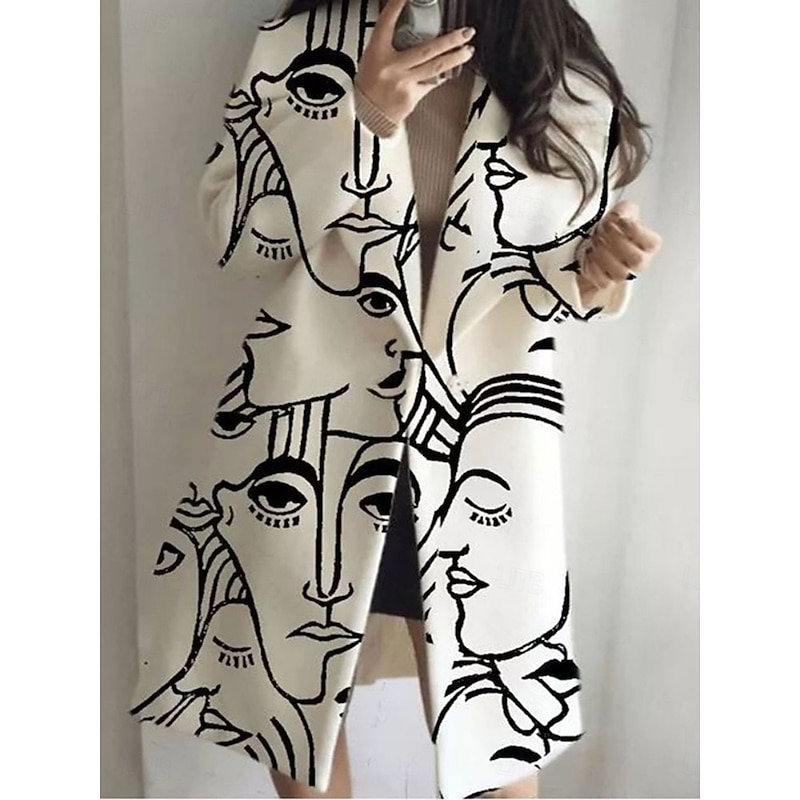 Women's Winter Coat Coat Comfortable Breathable Print Modern Casual Geometric Vacation Street Casual Daily Wear Open Front Long Turndown Regular Fit Long Sleeve Outerwear White Dark Green Green2