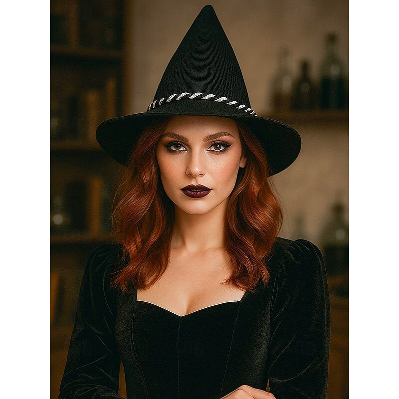 Women's Halloween Witch Hat, Vintage Pointed Wide Brim Hat with Rope Band, Gothic Costume Accessory for Cosplay and Parties2