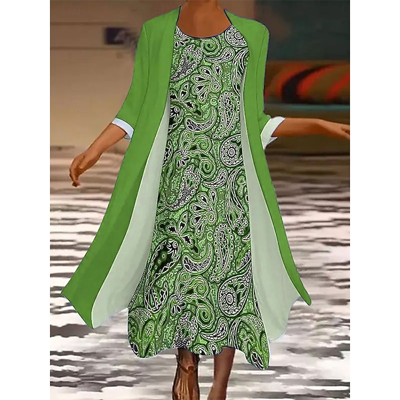 Women's Dress Set Maxi Dress A Line Dress Casual Graphic Tribal Print Midi Dress 3/4 Length Sleeve Crew Neck Daily Blue Purple Green Summer Spring Regular Fit2