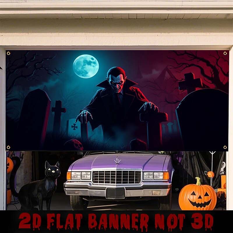 Halloween Garage Door Cover Cemetery Vampire Moon Ghost Bride Large Outdoor Backdrop with Grommets Yard Front Porch Wall Decorations Spooky Party Scene2