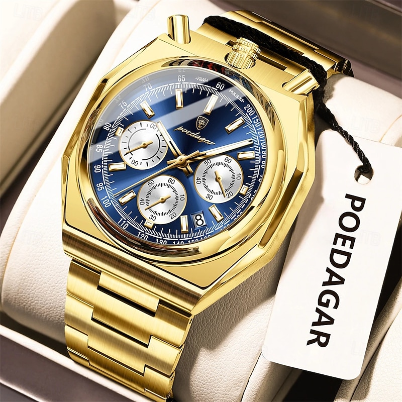 POEDAGAR Original Sports Men Quartz Watch Luminous Waterproof Stainless Steel Man Watch Chronograph Date Exquisite Men's Watches