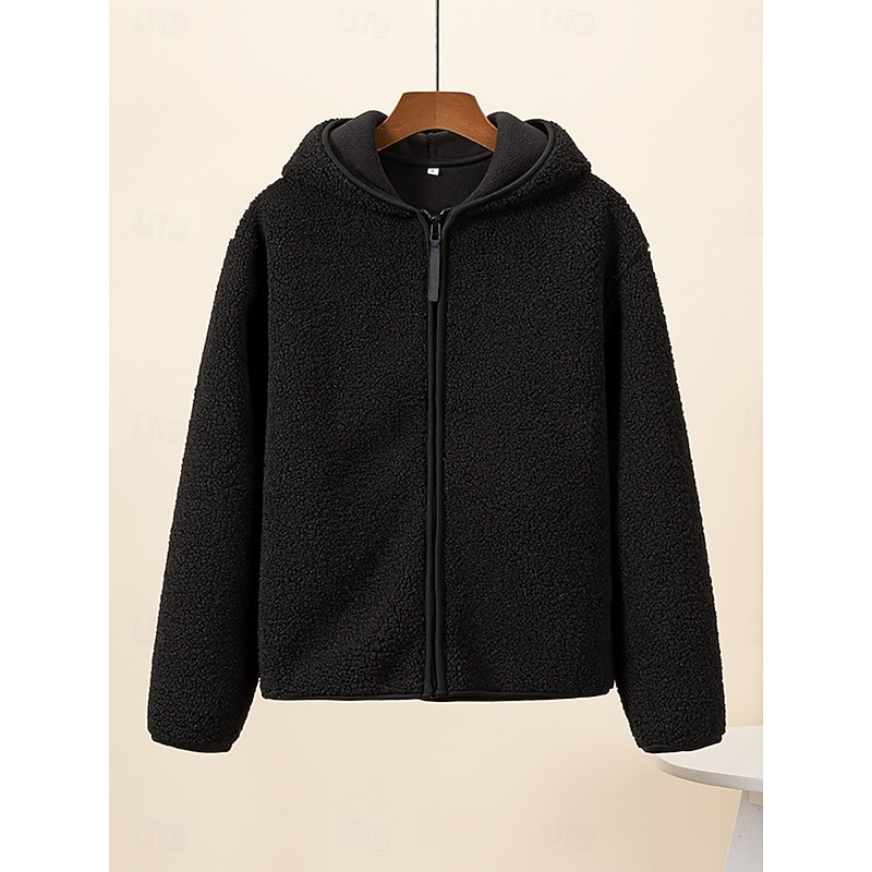 Women's Sherpa Jacket Casual Jacket Hoodie Jacket Comfortable Breathable Zipper Casual Plain Vacation Street Casual Daily Wear Zipper Regular Hooded Regular Fit Long Sleeve Outerwear Light Blue Black4