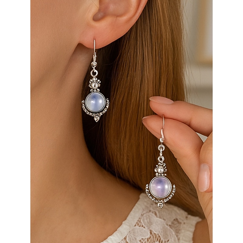 Women's Moonstone Dangle Earrings with Vintage Silver Design, Elegant Boho Jewelry for Parties, Weddings and Daily Wear