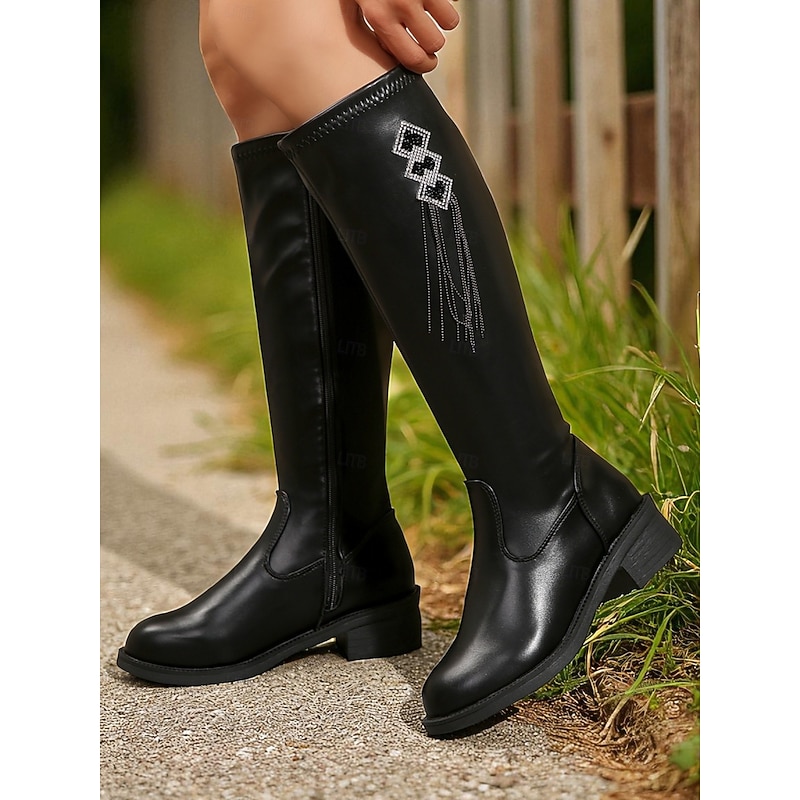 Women's Black Faux Leather Knee High Boots – Rhinestone Embellished Riding Style Fashion Boots for Streetwear and Casual Outings