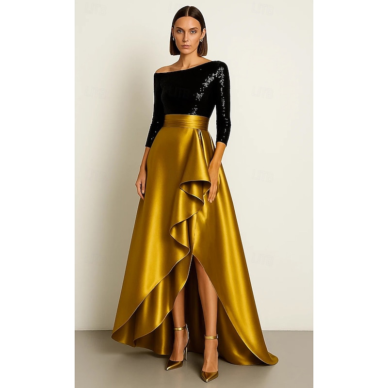 Black and Gold A-Line Evening Gown Elegant Formal Dress Formal Wedding Asymmetrical 3/4 Length Sleeve One Shoulde Stretch Sequin Satin with Ruffles Slit 2025