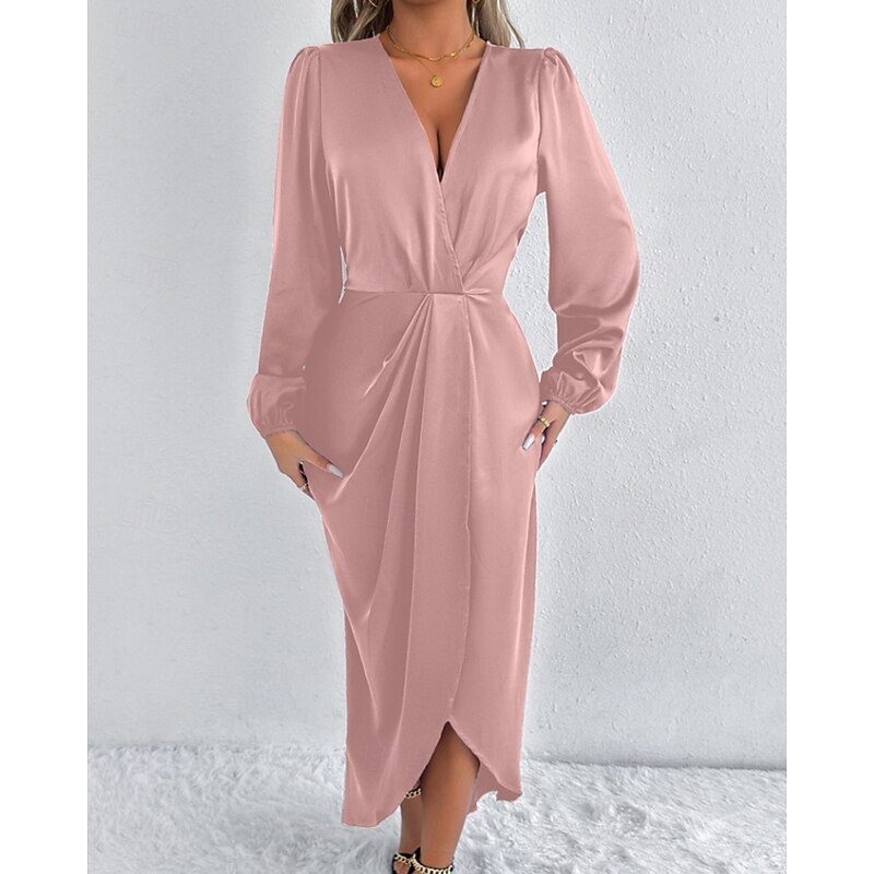 Women's Midi Dress Party Dress Cocktail Dress Satin Dress Elegant Fashion Modern Party Evening Party Regular Fit Plain Long Sleeve V Neck Pink Army Green Dark Green Brown Summer Fall Winter3
