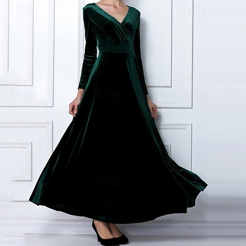 Women's Midi Dress Velvet Dress Cocktail Dress Elegant Fashion Modern Outdoor Party Party Evening Wear Regular Fit Plain Long Sleeve V Neck Black Wine Blue Green Spring Autumn3