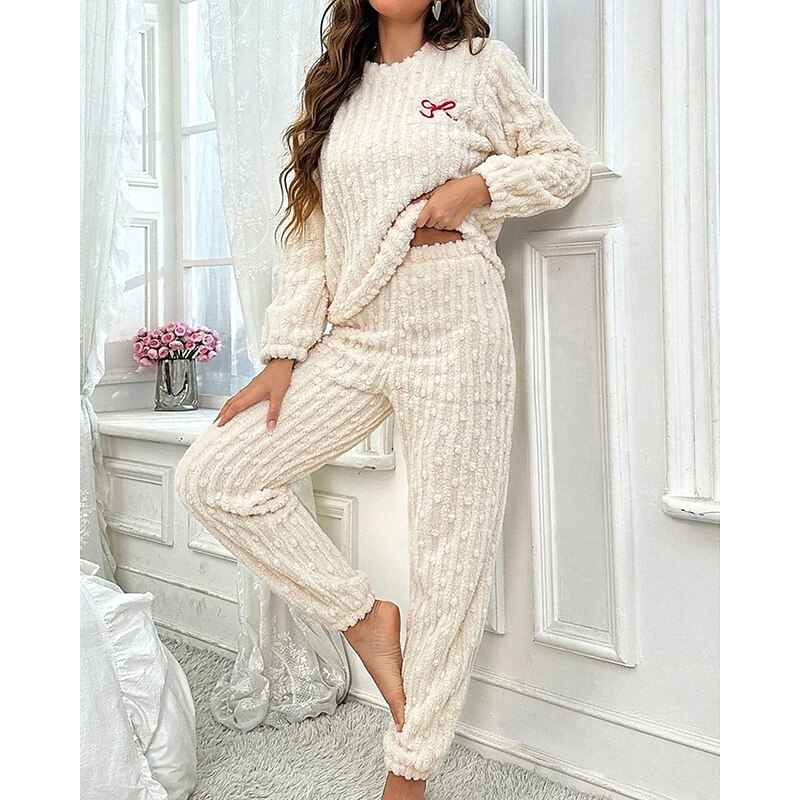 Women's Loungewear Pajama Set 2 Pieces Casual Comfort Pure Color Elastic Waist T Shirt Pant Home Daily Long Sleeve Crew Neck Beige Fall Winter Regular Fit4