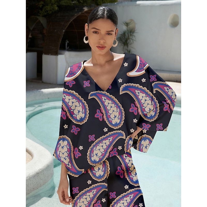 Women's Blouse Smooth Satin Purple Paisley Print Loose Fit V Neck Pullover Short Top