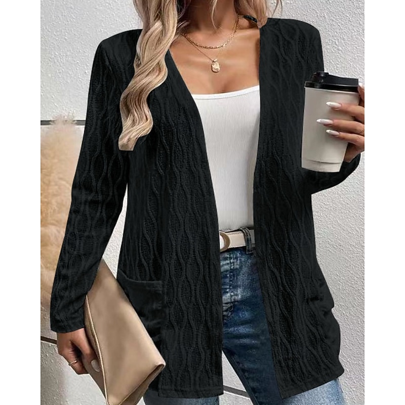 Women's Sweater Cardigan Streetwear Casual Solid Color Open Front Pocket Knitted Long Sleeve Regular Tops Knit Daily Going out Weekend Black White Fall Winter