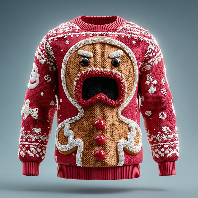 Ugly Christmas Sweater Men's 3D Print Gingerbread Pullover Sweater Jumper Knitwear Crewneck Casual Vacation Daily Festival Keep Warm Long Sleeve Spring Fall Winter White Red Purple