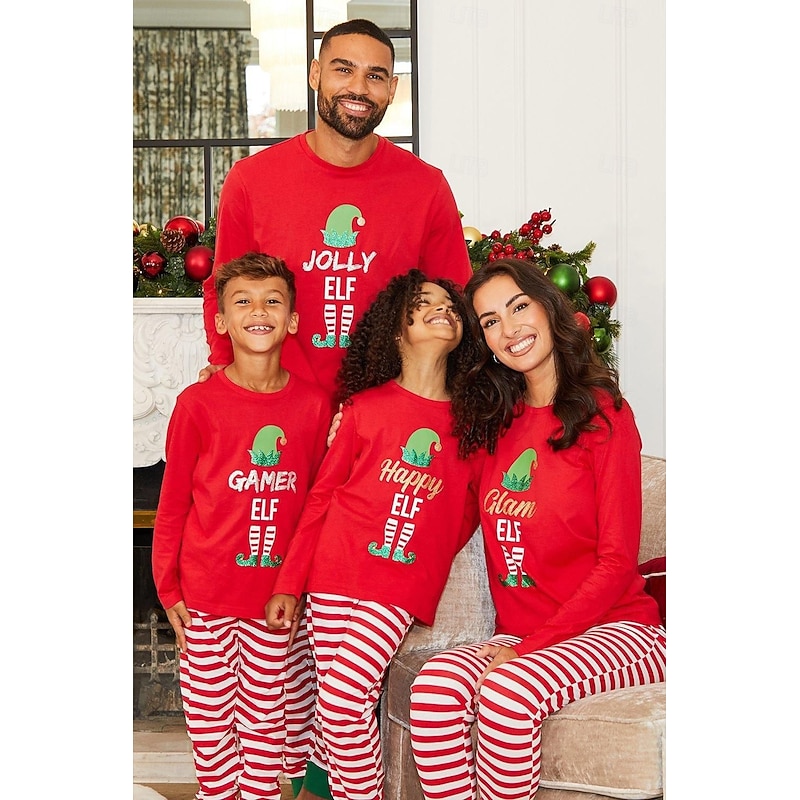 Elf Family Christmas Pajamas Nightwear Men's Women's Boys' Girls' Family Matching Outfits Sweet Graphic Pattern Adults Kid's Christmas New Year Christmas Eve Home Wear Top Pants