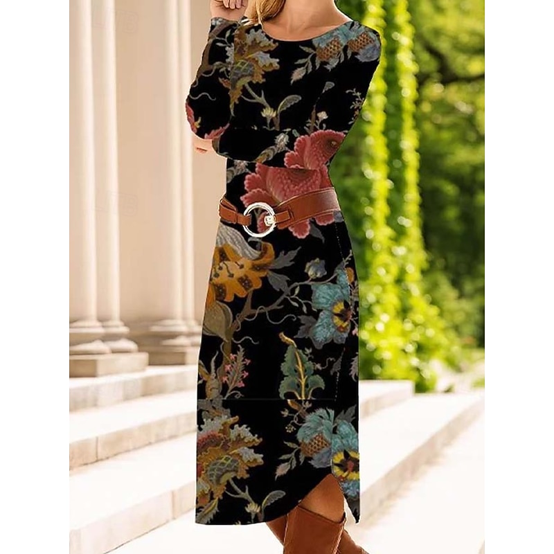 Women's Midi Dress Sheath Dress Shift Dress Casual Daily Regular Fit Graphic Paisley Abstract Long Sleeve Crew Neck Red Blue Green Spring Fall Winter Autumn2