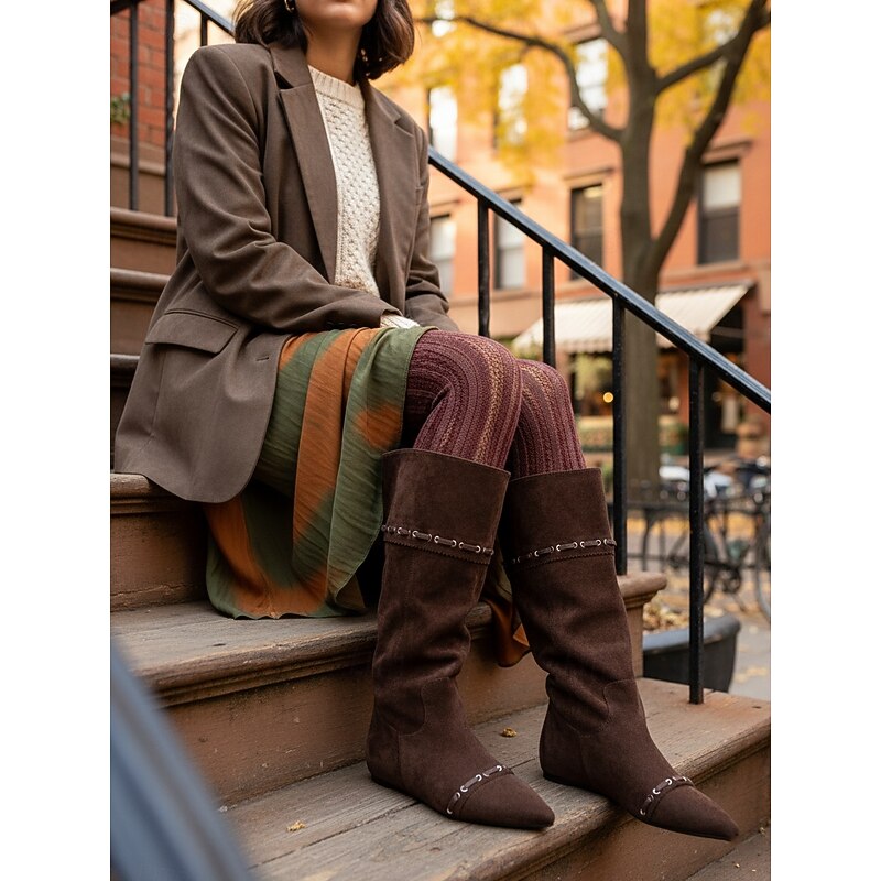 Women's Suede Slouchy Knee-High Boots with Lace-Up Detail and Pointed Toe,Fashionable Urban Style for Modern Outfits2