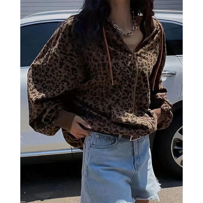 Women's Zip Up Hoodies Hoodies Leopard Vintage Fashion Streetwear Long Sleeve Hooded Regular Tops Street Dailywear Casual Zipper Brown Fall Winter