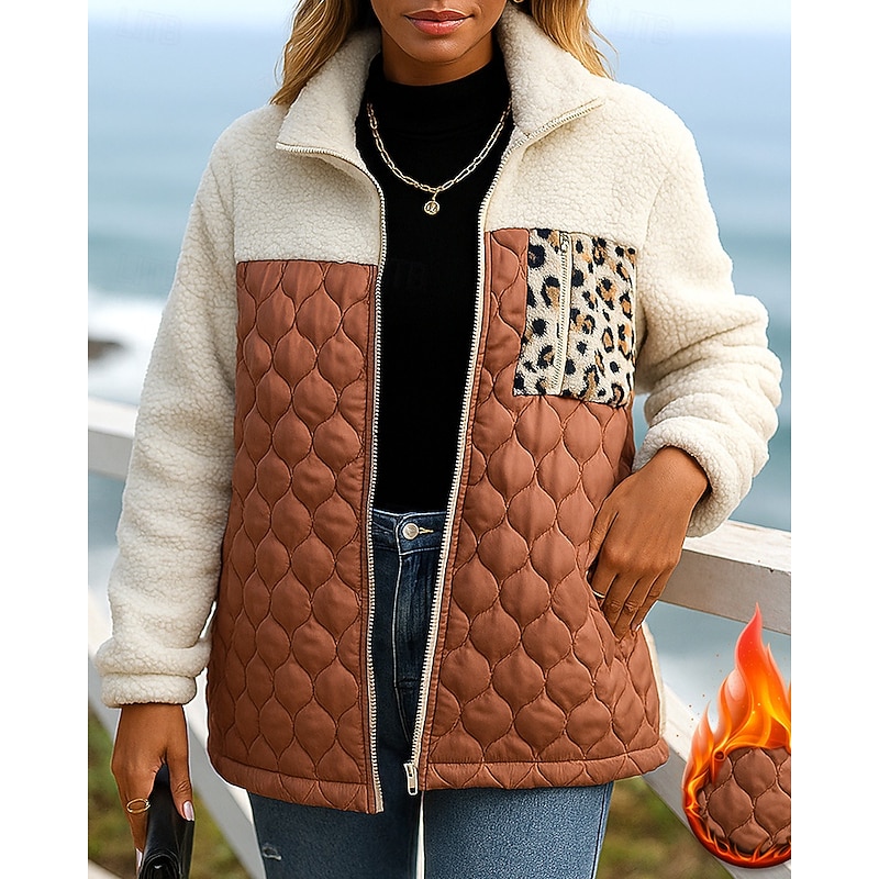 Women's Fleece Jacket Winter Coat Puffer Jacket Zip Up Pocket Long Sleeve Top Athleisure Color Block Windproof Warm Outdoor Travel Sports Sportswear Activewear Black Burgundy Orange