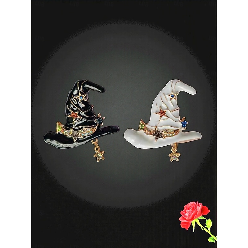 Women's Halloween Witch Hat Brooch Set - 2pcs Black and White Enamel Pin Badges with Star Charms for Costume Party Accessories3