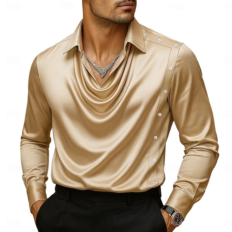 Men's Shirt Silk Like Satin Shirt Casual Shirt Plain Formal Wedding Black Wine Navy Blue Gold Long Sleeve Cowl Neck Spring &  Fall All Seasons Clothing Apparel Ruched