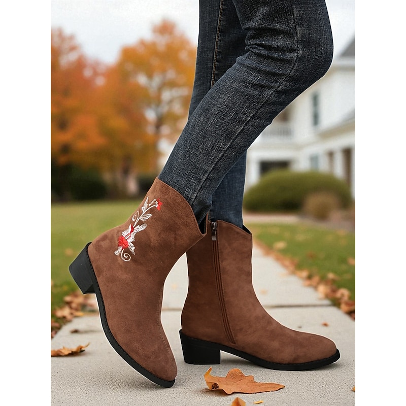 Women's Brown Floral Embroidered Booties – Faux Suede Zipper Mid Calf Ankle Boots Boho Outfits and Casual Wear3