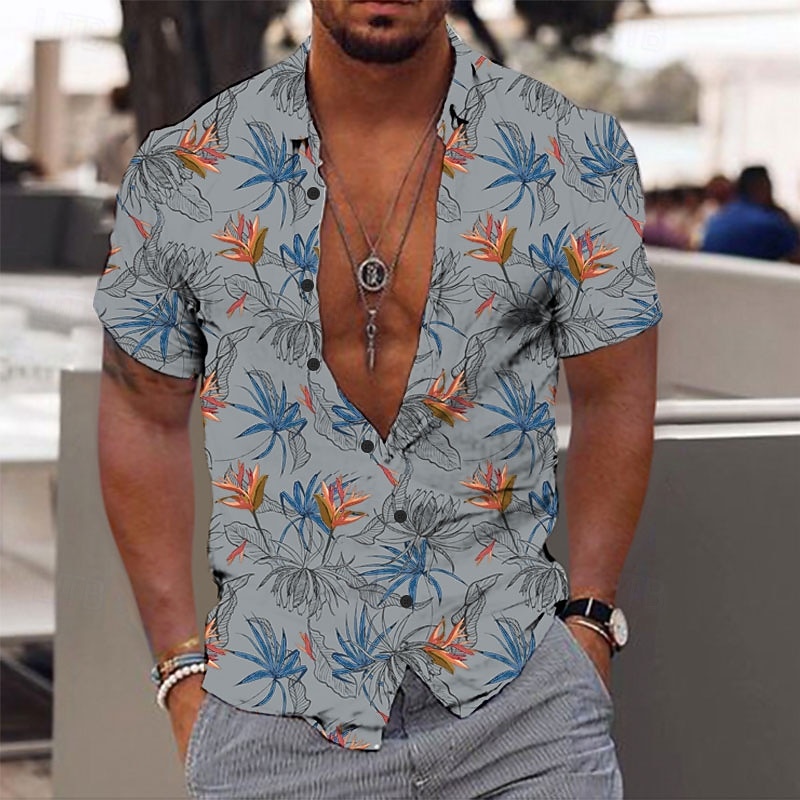 Men's Hawaiian Aloha Leaves Shirt Summer Shirt Summer Hawaiian Shirt Short Sleeve Fashion Designer Casual Outdoor Casual Holiday Summer Spring Turndown Print Button-Down Black-White Black Purple4