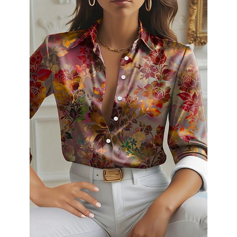 Women's Shirt Floral Graphic Elegant Stylish Basic Long Sleeve Shirt Collar Regular Tops Work Daily Red Blue Purple Brown Green Spring Fall Winter