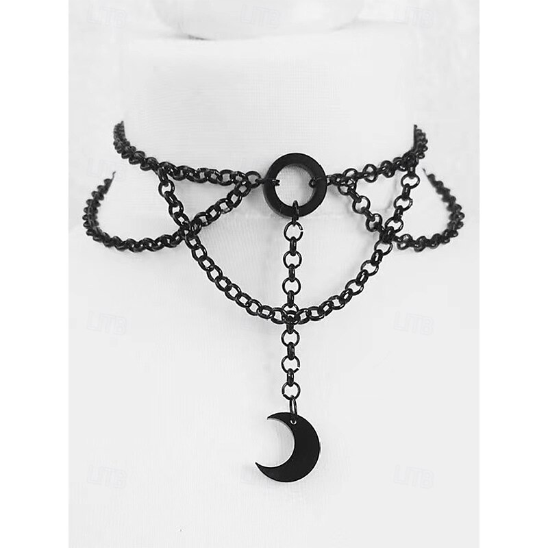 Women's Halloween Gothic Moon Choker Necklace – Black Velvet and Chain Layered Choker with Crescent Pendant, Punk Retro Jewelry for Women, Costume Party and Nightclub Accessories3