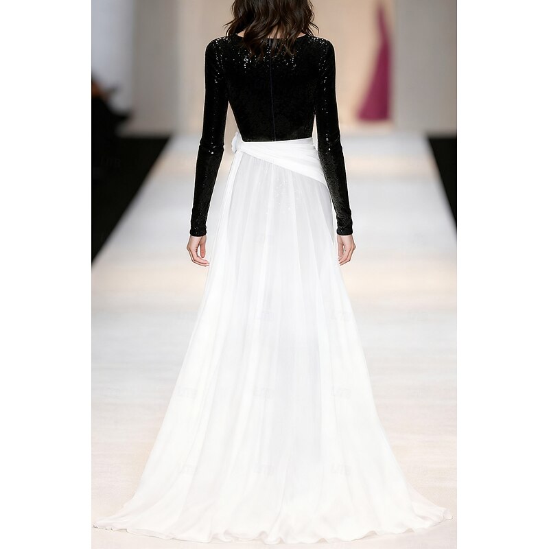 Black and White Sheath / Column Evening Gown Sequined Elegant Formal Dress Formal Wedding Floor Length Long Sleeve V Neck Chiffon with Glitter 20252