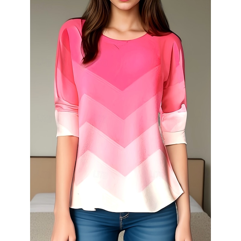 Women's T Shirt Ombre Graphic Geometric Vintage Stylish Classic Long Sleeve Crew Neck Round Neck Regular Tops Daily Print Pink Spring Fall Winter