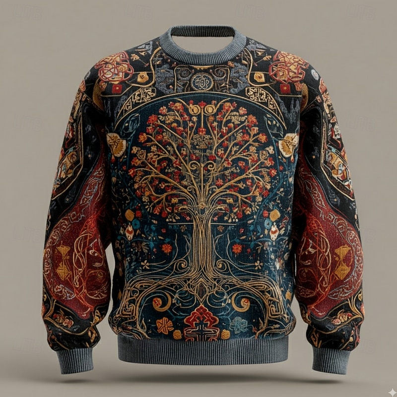 Men's Viking Tree Of Life Pullover Sweater Jumper Knitwear Crewneck Retro Vintage Casual Vacation Street Daily 3D Print Knitting Keep Warm Long Sleeve Fall Winter Black Blue Gray
