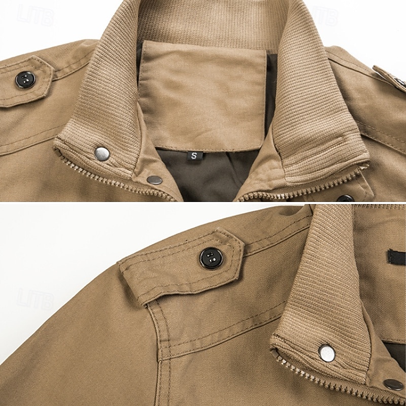 Men's Utility Jacket Cargo Jacket Vacation Daily Wearproof Pocket Spring Fall Plain Fashion Classic Stand Collar Regular Black Khaki Army Green Jacket3