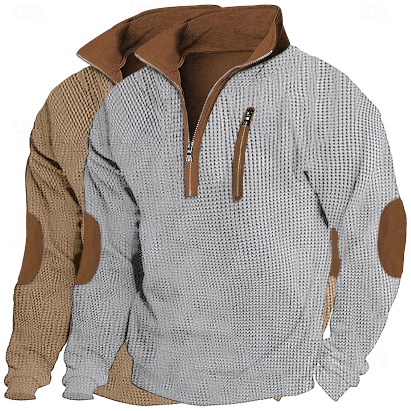 2 Piece Men's T Shirt Waffle Knit Tee Tee Top Long Sleeve Shirt Long Sleeve Quarter Zip Winter Spring & Fall Color Block Textured Fashion Designer Basic Patchwork Zipper Vacation Street Casual2
