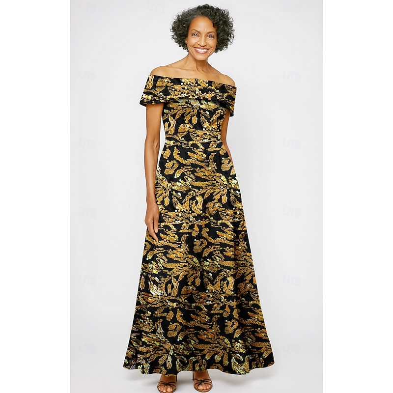 Gold A-Line Evening Gown Elegant Formal Dress Formal Wedding Floor Length Short Sleeve Off Shoulder Sequined with Glitter Pleats Embroidery 2025