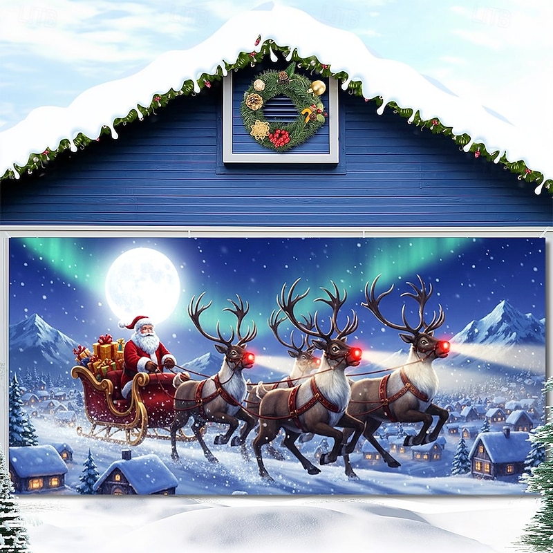 Christmas Garage Door Cover Winter Holiday Decoration Drapes with Santa Claus Reindeer Sleigh Team and Aurora Borealis Print for Home Entryway Living Room Bedroom Indoor Outdoor Festive Seasonal Decor2